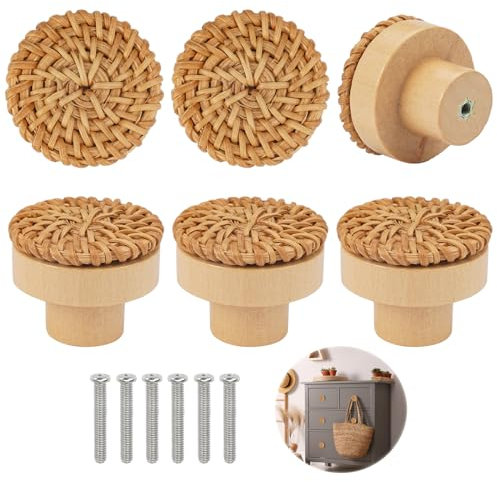 Lot de 6 boutons de meubles en rotin - 4 x 3 cm - Style vintage - Rond - En bois - Avec vis - Pour armoire, tiroir, salon, armoires de cuisine