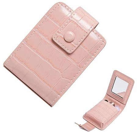 Makeup Bag with Mirro-Leather Cosmetic Bag - Waterproof Travel Makeup Organizer with Built-in Mirror | Compact Lipstick Case Lipstick Holder with Mirror (Pink, 9.5x7x3cm)