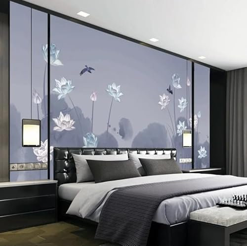 3D-Tapete, chinesischer Retro-Stil, Tuschemalerei, Lotusblumen, Lila, Schlafzimmer, Wohnzimmer, Hintergrund, Fotowand 400CM(W)*280CM(H)