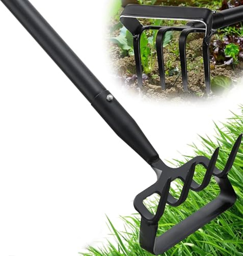 Ihomepark Garden Hoe, Stirrup Hoe with Adjustable Handle for Weeding Digger loosening Soil Metal Garden Cultivator Hoe with Rake Tiller Cultivator (30-62 Inch)