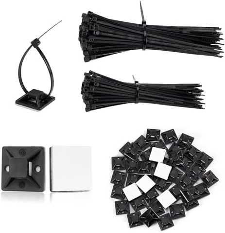 200 Stück Kabelbinder Schwarz Set 120mm 150mm mit 150 Stück Halter Selbstklebend, Kabelhalter mit Klebesockel Nylon Kunststoff Kabel Organisation für Kabelmanagement Garten Büro Werkstätten