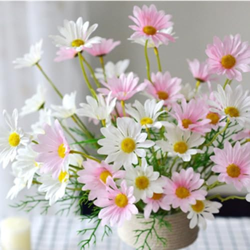 Artificial Flowers 10 Bundles Artificial Silk Daisy Fake Flowers UV Resistant Outdoor Fake Wildflowers with Stems Greenery Shrubs Plants Arrangements for Home Garden for Decoration (White and Pink)