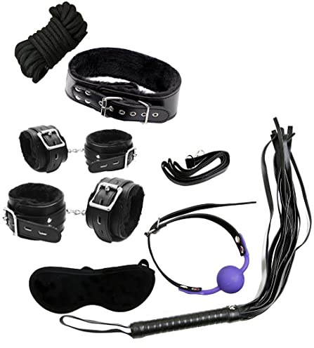 BONDAGERIE® RAVEN - Kit Completo Accessori per Coppia, Gàgball in Silicone, Manette, cavigliere, frustino, corda, collare guinzaglio, 100% materiali Sicuri, da otto pezzi, sacco in raso incluso