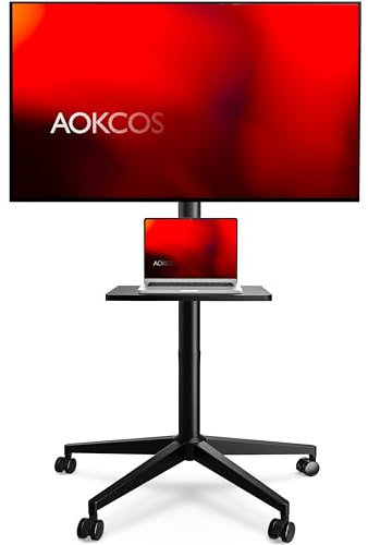 AOKCOS Soporte de TV rodante – Soporte de TV móvil alto para televisores LCD LED OLED de pantalla plana/curva de 32 a 65 pulgadas, soporte portátil de altura ajustable con ruedas con inclinación,