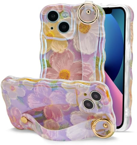 QLTYPRI for iPhone 13 Case with Strap, Laser Colorful Oil Painting Flower Pattern Cute Curly Wave Frame Exquisite Phone Case for Girls Women, Shockproof Protective Phone Cover- Pink