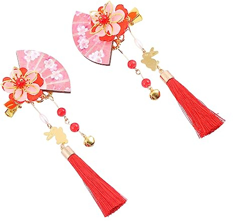 Healvian Pinces à Cheveux D'éventail Accessoire de Coiffure Style Japonerie Lot de 2 Rouge en Alliage de Zinc et Bois pour Mariage et Bal Masqué