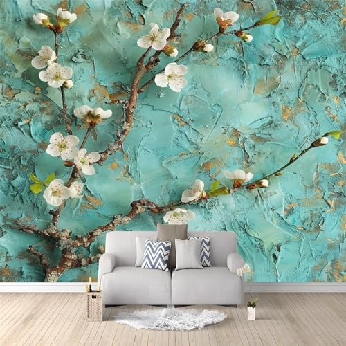Carta da parati fotografica 3D a tema fiori di pesco, 400 x 280 cm, rimovibile, per camera dei bambini, camera da letto, soggiorno, decorazione per la casa, sfondo verde, decorazione da parete, stampa