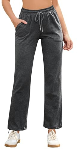 Aottori Pantalon de Jogging Sport Femme Long en Coton Pantalon Large Bas de Jogging Pantalon Yoga Survetement Taille Elastique Pantalon Detente Droit avec Poches Gris Foncé M
