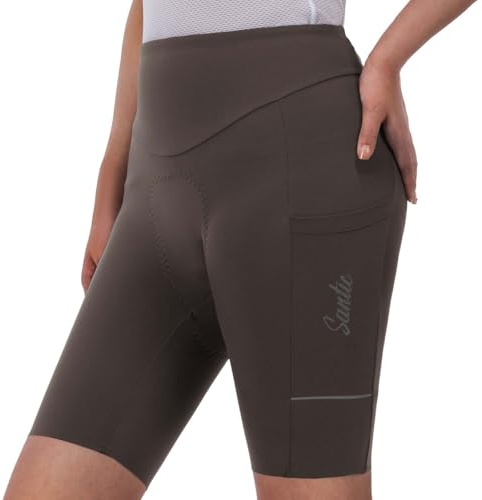Santic Radlerhose Damen Gepolstert Kurz mit Sitzpolster Seitentasche Braun M