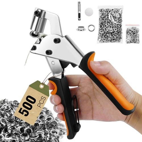 10MM/ 3/8 inch Eyelet Punch Kit with 500PCS Metal Grommet Eyelets, Banner Maker Stainless Steel Eyelets and Punch, Magnetic Eyelet Pliers Fabric Hole Punch for Canvas Fabric Tarp