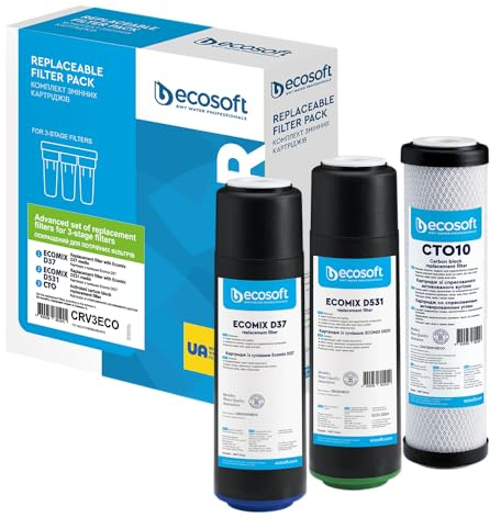 Ecosoft Lot de 3 recharges au charbon actif - Élimination efficace du chlore et des odeurs - Compatible avec les systèmes à osmose inverse - Installation sous évier