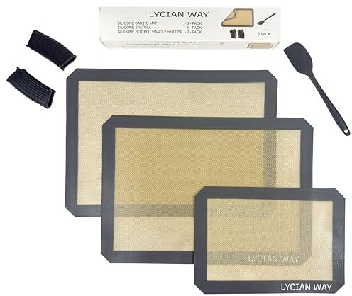 LYCIAN WAY Silicone Baking Mat Set of 2 Half Sheet 1 Quarter Sheet Nonstick Reusable Baking Sheet Liners for Cookies Macarons Bread Pizza Pastry with Scraper and Hot Pot Handle Grips, 6 Pcs Set
