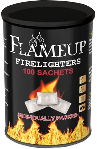 FlameUP Fire Lighters for Wood Burners – 100 Sachets • Individually Wrapped Fire Lighters for BBQ, Stove, Fireplace, Camping & Pizza Oven • Natural, Clean-Burning Burner Fire Starter.
