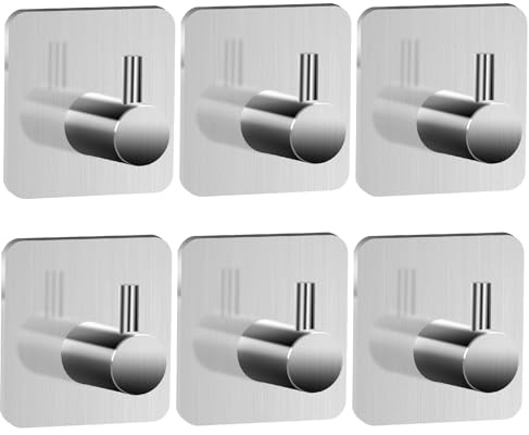 Liuliushun Self Adhesive Hooks6 Pcs, Stick on Hooks Heavy Duty, Metal Stainless Steel Self Adhesive Towel Hooks for Bathrooms Kitchen Office Door Wall Closet Hanging Clothes Keys Coat Hook(Silver)