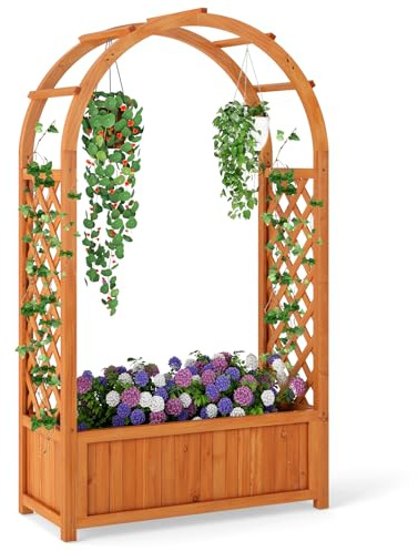COSTWAY Blomlåda med spaljé, upphöjd odlingslåda med spaljé och krökt tak, rosbåge med planteringslåda och dräneringshål, blomkruka för balkong, gård och trädgård, trä, 83 x 36 x 146 cm, brun