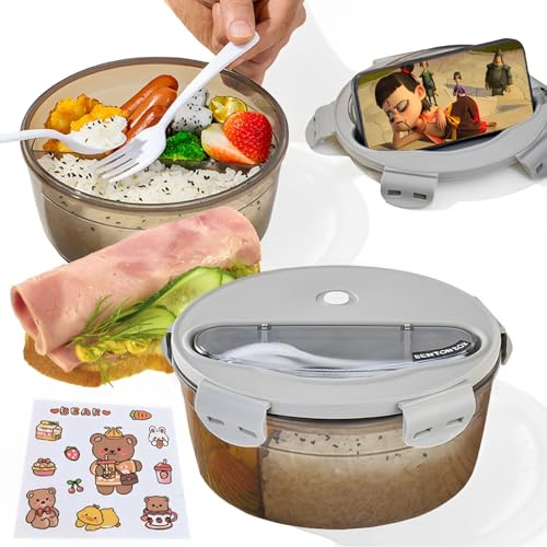 Behiruch Fiambrera redonda, caja Bento para microondas, con compartimentos separadores, fiambrera con cubiertos, fiambrera a prueba de fugas, caja de almuerzo, para niños y adultos, para(Gris)