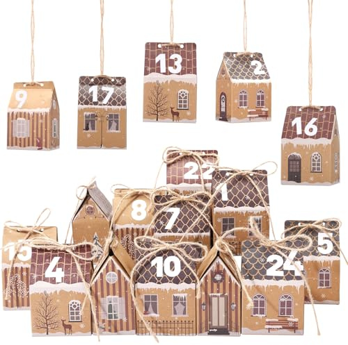 Kesote 24 Cajas Vacías de Navidad Calendario de Adviento 2025 para Rellenar, Cajitas con Forma Casa para Regalo, Caja Pequeña de Papel para Dulces Caramelos Galletas, 8 Diseños