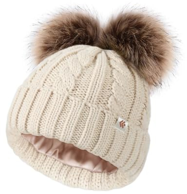 Creekstone tofsmössa barn, satinfodrad, vintermössa för spädbarn, pojkar, flickor, varm mössa med dubbel pom pom, 1–7 år, Beige, one size