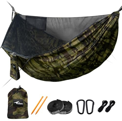 Travel Bird Hamaca de Camping con Mosquitero y Cuerda de Cumbrera, Extragrande para 2 Personas, 290X140Cm, Ligera, con Correas para Árboles, Todo en uno, de Apertura Rápida Para Exteriores, Senderismo