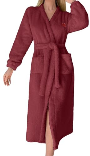 Peignoir pour femme - Grandes tailles - Long - Chaud - En peluche - Avec ceinture et poche - Imprimé en forme de cœur - Doux - Pour l'hiver