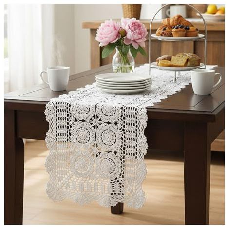 Gehäkelte Tischläufer, Tischläufer Weiße Spitze, 40*120cm, M | Boho Table Runner Landhausstil Läufer Tisch, Baumwolle Placemat Gestickte Tischdecke Für Hochzeit, Festival, Party, Dekor