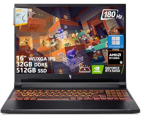 Acer Nitro V 16 AI Gaming Laptop | 16 WUXGA IPS 180Hz | AMD Hexa-Core Ryzen 5 240 | 32GB DDR5 512GB SSD | GeForce RTX 5050 8GB DLSS4 (Up to 440 AI Tops) | Backlit Keyboard Win11 Pro w/DLCA Accessory
