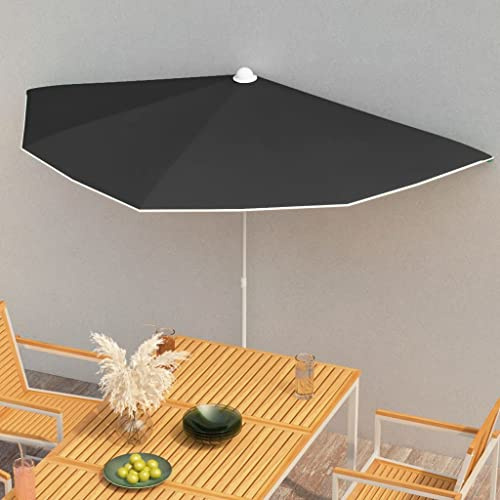 Halb-Sonnenschirm Schwarz 180x90 cm, UV-beständiges Polyester Schattentuch, Stahlmast, Markise für draußen, Sonnenschutz Außenbereich, Sonnensegel Gartenschirm