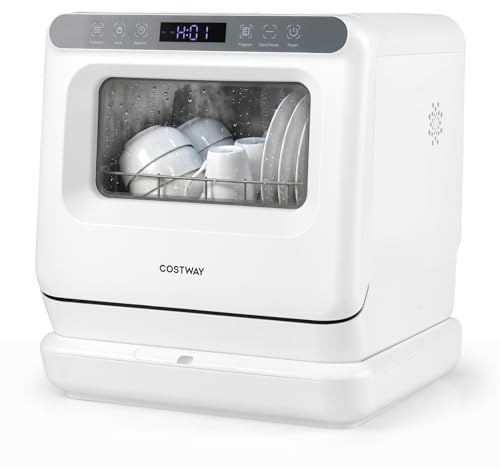 COSTWAY Lave-Vaisselle de Table 850W, Mini Lave Vaisselle Posable Portable avec Réservoir d'Eau de 8,25 L, 6 Programmes, Fonction de Conservation, Soins pour Bébé, Lavage des Fruits