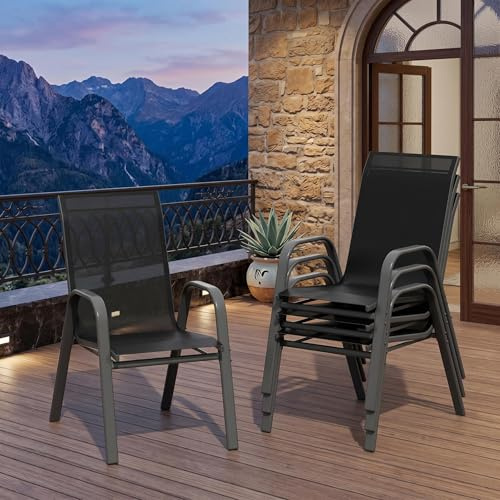 Koioplie 4er-Set Gartenstühle Stapelbar, Textilene-Metall, Wetterfest & Rostbeständig, Schwarz