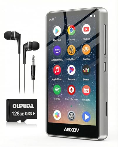 Lecteur MP3 Spotify avec Bluetooth et Wi-FI, AGXOV Baladeur MP3 Bluetooth avec écran Tactile de 4,02 Pouces, 144Go Lecteur MP4 Compatible avec Radio FM, Deezer, Pandora, Play Store, Argenté