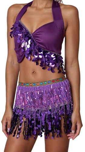 Falda de danza con flecos, bufanda para el vientre y la cadera, con lentejuelas y cadena de cintura para espectáculos de escenario, Morado (, Altoa única