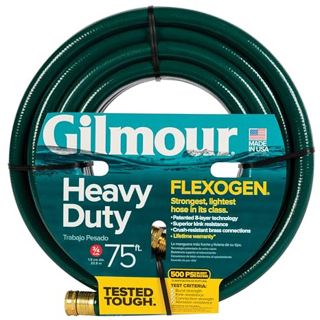 Gilmour Flexogen 3/4 in x 75 ft Garden Hose, Heavy Duty Water Hose, Flexible and Kink Resistant Outdoor Hose, Green