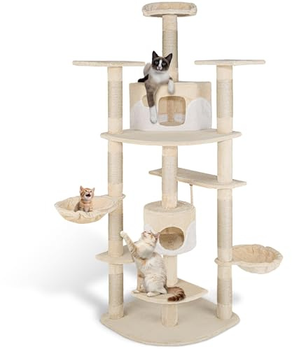 Tectake® Árbol para Gatos - 4 Plataformas, 2 Casetas, Varias Alturas, 2 Nidos Basculantes - Rascador para Gatos Grandes - 201 cm Beige/Blanco