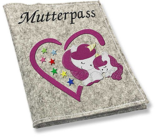 Mutterpass Mutterpasshülle Einhorn Herz lila bestickt Farbwahl Handarbeit (grau)