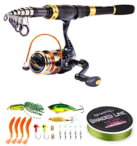 Sougayilang Angelruten-Spule Combos Kohlefaser Teleskop Angelrute mit Spinnrolle Angelschnur Köder Angelzubehör für Reisen Salzwasser Süßwasser Angeln - 1,8 m