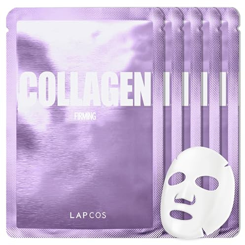 LAPCOS Collagen Sheet Mask - Firming & Age-Defying Face Masks with Collagen Peptides - Minimizes Fine Lines & Restores Skin Elasticity - Highly Breathable PT Cell Sheet - Korean Skin Care (Pack of 5)
