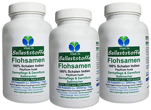 BALLASTSTOFFE Flohsamenschalen gemahlen 360 (3x120) Pulver Kapseln Premium INDIEN. Mega FREUDE für Darmbakterien. WICHTIG für Darmpflege + Darmflora + Verdauung. Ohne ZUSATZSTOFFE. 26615-3