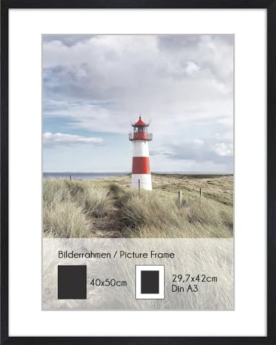 artissimo PE6601-WR Bilderrahmen 40x50 cm mit Passepartout für DIN A3, Holzrahmen Schwarz Matt, inkl. Kunstglas & Passepartout, Wechselrahmen, Außenmaß ca. 42x52 cm