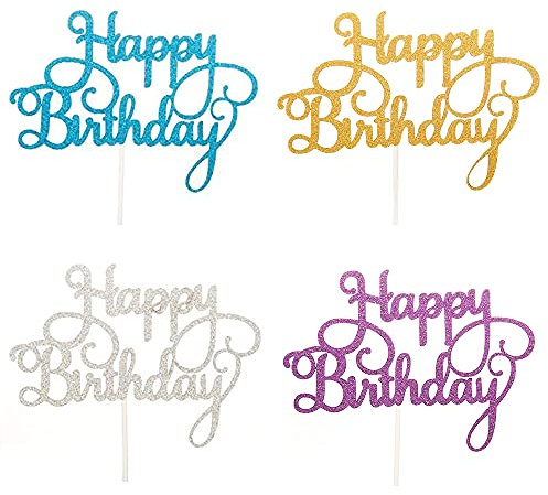4 Pezzi Decorazioni per Torta, Happy Birthday Cake Topper Glitter per Ragazze Donne Decorazione per Torte di Compleanno, Cupcake Toppers per Bambini Compleanno Forniture per Feste (4 Colori)