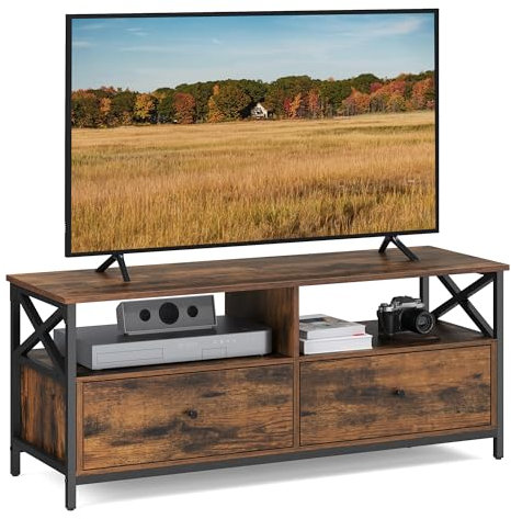 VASAGLE TV Cabinet TV Unit for 55-Inch TV, Living Room, with 2 Drawers, 2 Storage Shelves, 120 x 40 x 50 cm, Steel Frame, Industrial Style, Rustic Brown and Black LTV300B01