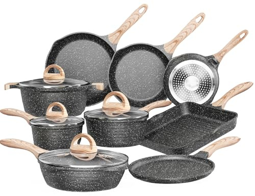 JEETEE Pots and Pans Set Non Stick 23pcs, Healthy Kitchen Cookware Sets, Induction Cooking Set W/Gray Frying Pans, Saucepans, Sauté & Griddle & Crepe Pan (PFOA Free)