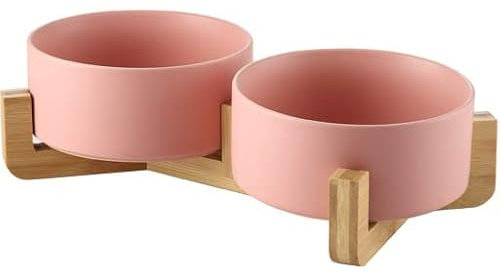 Mersjo, Ciotola in ceramica doppia rosa 2 x 400 ml, per cani, gatto, ciotola per cibo con supporto in legno massello, ciotola per alimenti