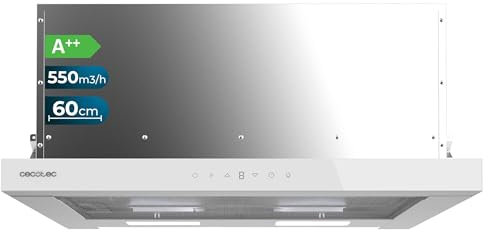 Cecotec Campana Extractora Telescópica de 60cm Flux TLT 605500 Glass White A++. Motor 70W, Bajo Consumo, Frontal Vidrio Blanco, Potencia Succión 550m3/h, Control Táctil y Gestos, Filtro de Carbono