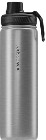 Wessper Edelstahl Trinkflasche 700ml Auslaufsicher Thermosflasche BPA-Frei mit 3 Deckel | Silber Elegante Trinkflasche Sport | Isolierflasche Kinder Erwachsene für Camping Fahrrad Sport Outdoor