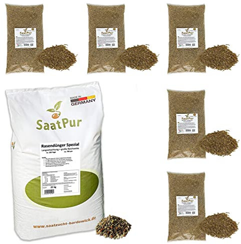 SaatPur® Set aus 25 kg Rasendünger Spezial und 5 x 1kg Rasensamen Berliner Tiergarten, Dünger für ca. 700 m², NPK-Dünger 11+3+5, Rasen für ca. 200 m², Mehrjähriger Gebrauchsrasen