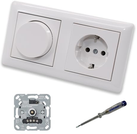 GIRA 245500 LED Drehdimmer Dimmer + Dimmerscheibe Zentralscheibe 065003 und Steckdose 418803 in System55 reinweiß glänzend inklusive EBROM Phasenprüfer zur Montage der Geräte