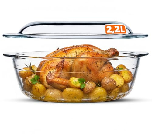 KADAX Pirofila per Cottura da Forno in Vetro Trasparente, Casseruola Rotonda con Coperchio da Cucina, Piatto Resistente al Calore per Lasagne (2.2L)