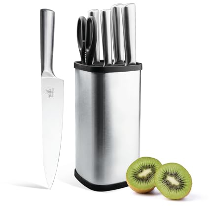 CHUSHIJI 6-Piece Silver Kitchen Knife Set | One-Piece Stainless Steel, Ultra-Sharp, Anti-Rust, Ergonomic Grip Knives with Universal Knife Block for Home Cooks & Beginners (silver)