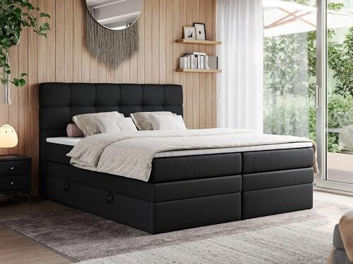MKS MEBLE Boxspringbett 200x200 mit Bettkasten und Kopfteil, Bett mit Matratze H3 und Topper T25 - Boxbett - Schwarz Kunstleder - ERNI King