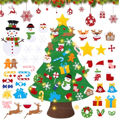 Filz Weihnachtsbaum für Kinder, 102 cm DIY Wandbehang Mit 40 Stück Adventskalender Santa Schneemann Ornamente, Basteln Weihnachten für Tür/Wand Deko